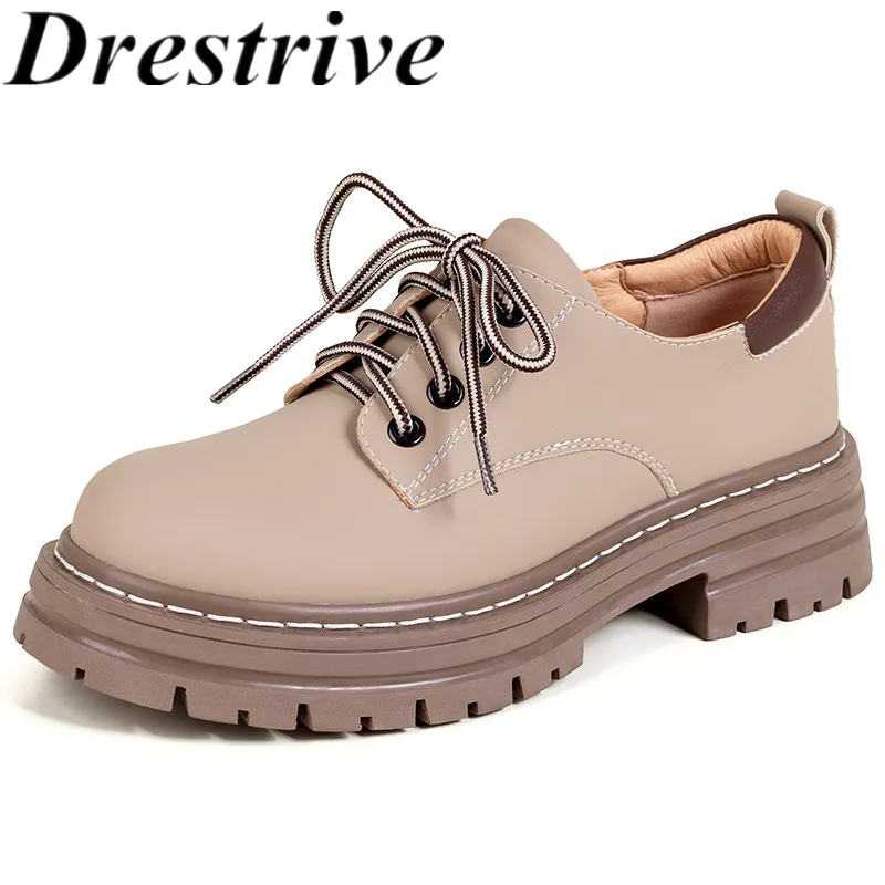 

Drestrive 2022 Fashion Loafers Cow Leather Lace Up Platform Women Pumps Thick Mid Heel Size 42 Casual Shoes Round Toe