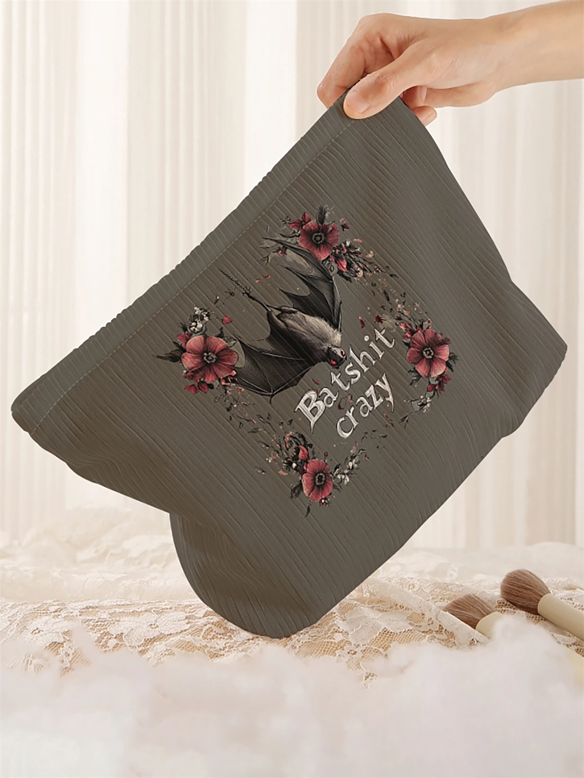 1 bat patterned corduroy makeup bag, lightweight zipper makeup storage box, multifunctional bag with lining