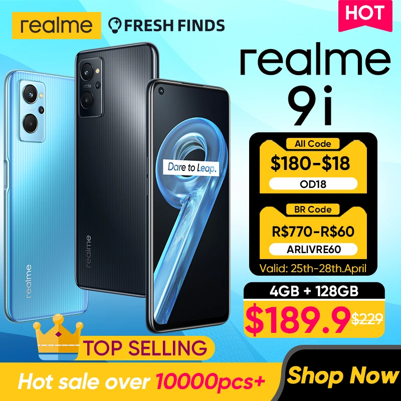  Смартфон Глобальная версия realme 9i 4/128 ГБ, Восьмиядерный Snapdragon 680, 6,6 дюйма, 33 Вт, Дротика, зарядка, камера 50 МП, аккумулятор 5000 мАч 