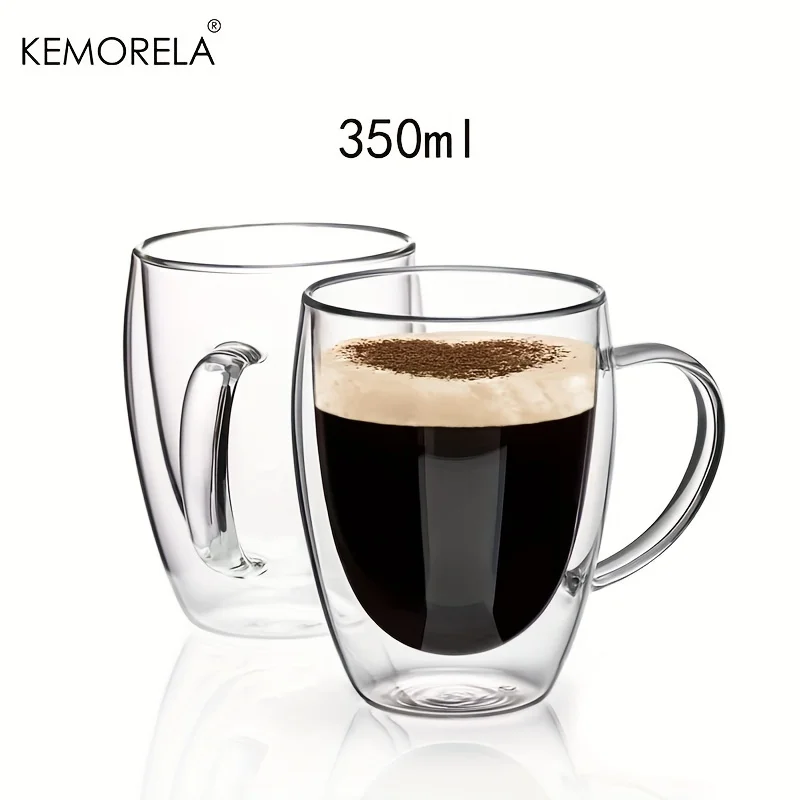Set of Double Wall Glass Coffee Mugs with Handle - 350ml Transparent Cappuccino and Tea Cups