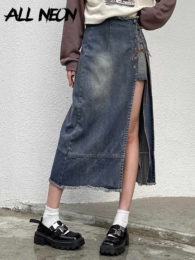 

ALLNeon Y2K Streetwear Bandage High Slit Frayed Hem Deniim Skirts 90s Vintage High Waist Patchwork A-line Midi Jeans Skirt Retro