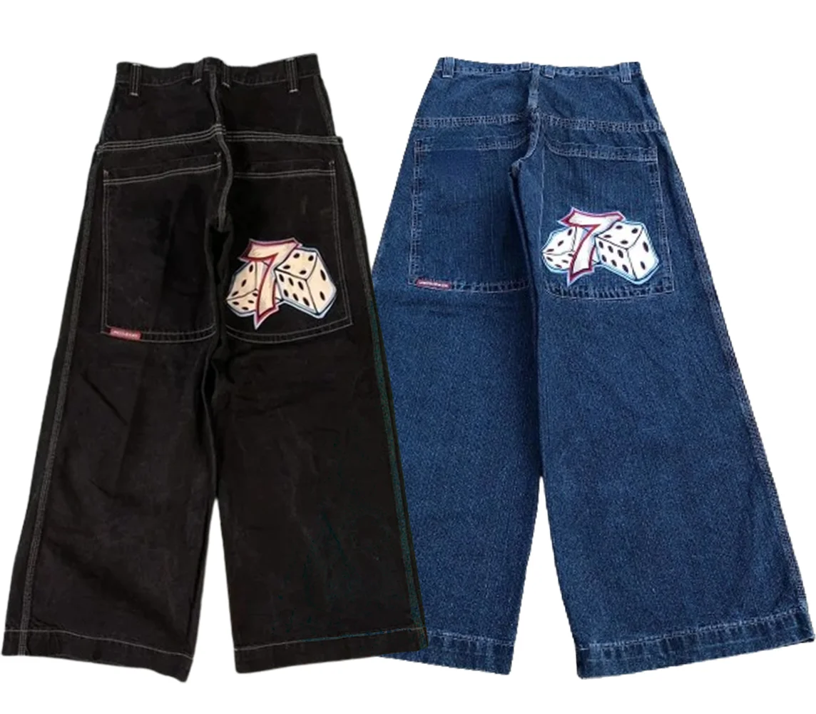 JNCO 남녀공용 하이웨이스트 와이드 팬츠, 힙합 럭키 주사위, 그래픽 레트로 헐렁한 청바지, 하라주쿠 고딕, Y2K 바지, 스트리트웨어