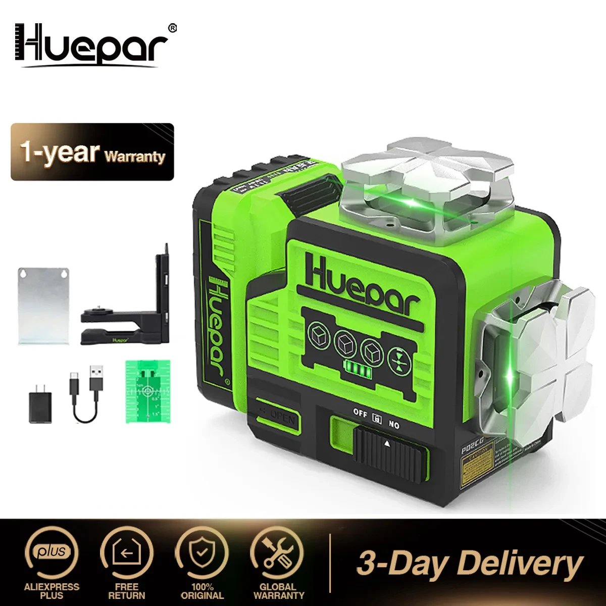  Huepar 16 líneas de nivel láser autonivelante de 4 x 360 ° con  receptor - pantalla LCD, herramienta láser de suelo de azulejos de haz  verde Bluetooth 4D, kit láser horizontal/vertical