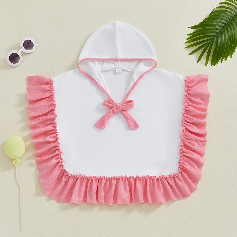 1-4Years Kids Baby Girl Hooded Poncho Towels Toddlers Contrast Color Bow Ruffled Loose Fit Beach Robe Cover-ups Swimwears children swimwear