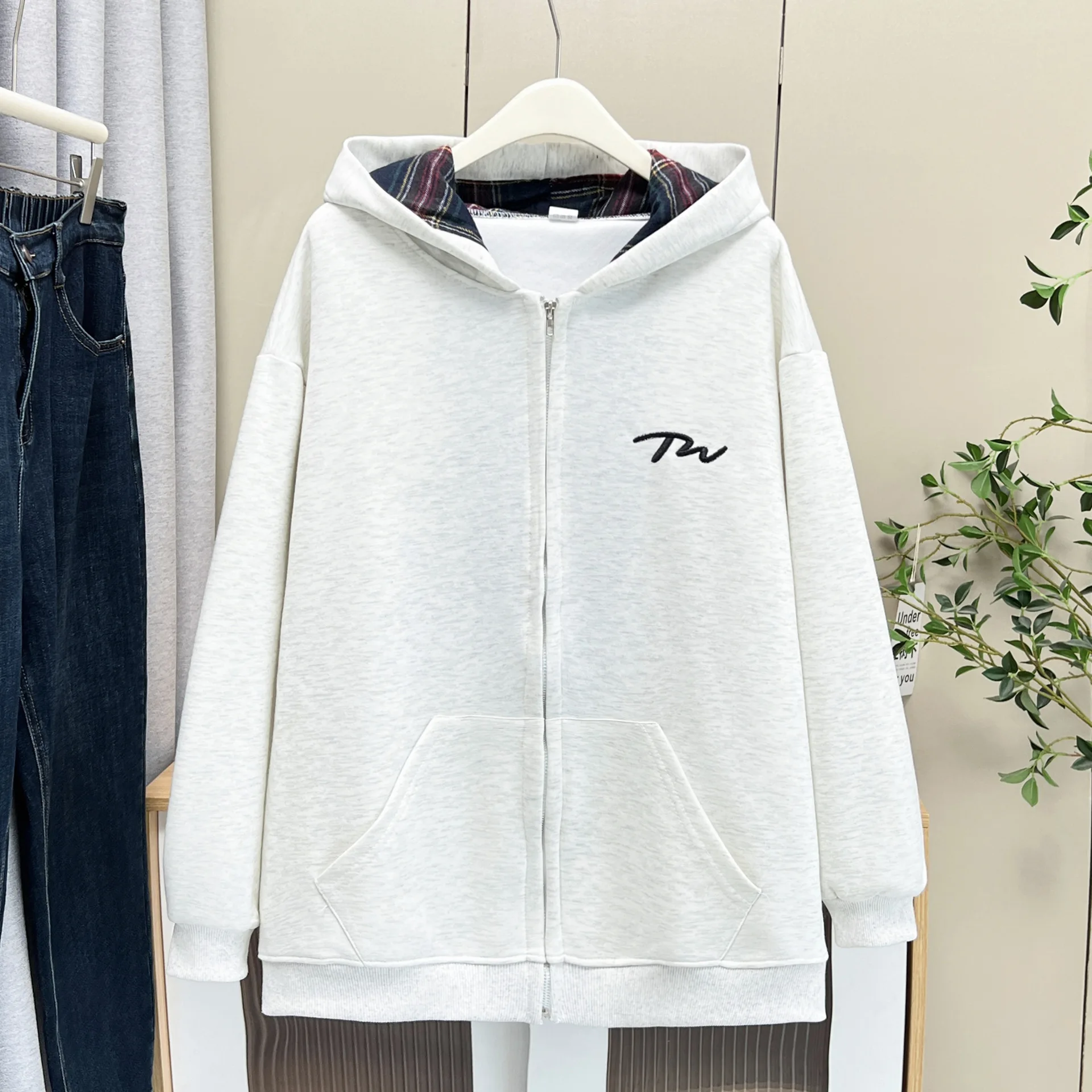 XXXXL Fashion Plus Size Women's Hoodies Casual Loose Plaid Inner Patchwork Hooded Sweatshirt Jacket