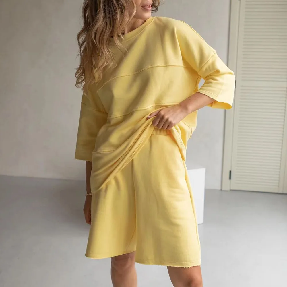 Summer 100% Cotton Solid Color T-Shirt Shorts Set Women's Sports Two Piece Set Loose Spliced T-Shirt+Sports Shorts Set