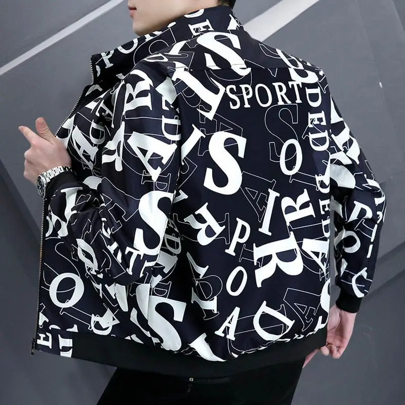 Fashion Stand Collar Zipper Casual Printed Letter Jackets Men's Clothing 2024 Spring New Loose All-match Tops Korean Coats