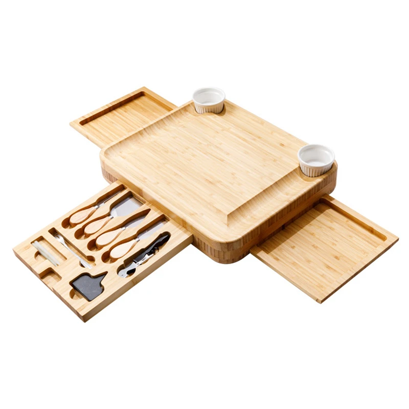 

Wood Cheese Plate With Slide Out Drawer Cheese Board and Knife Wine Meat Cheese Platter Cutlery Cutter Set