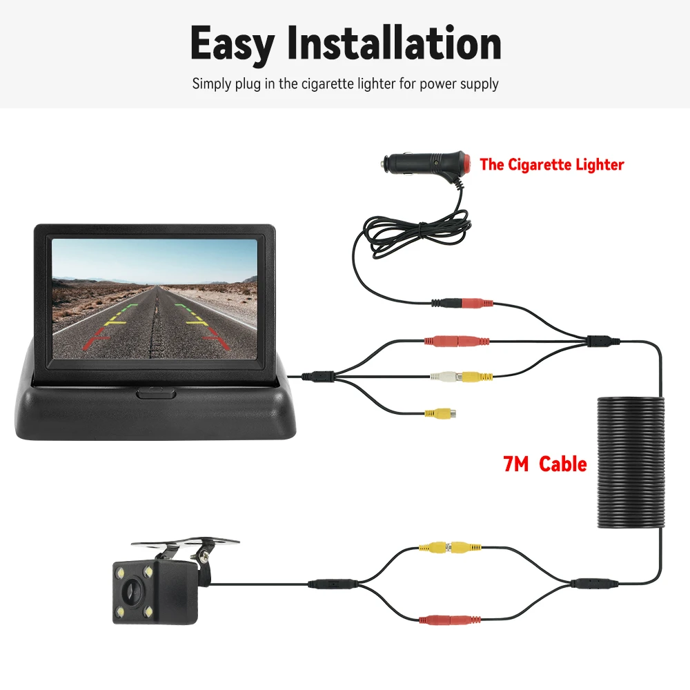 Monitor plegable para coche con pantalla HD TFT LCD 4,3, cámara de visión trasera, respaldo LED para estacionamiento de vehículos, fácil instalación 6