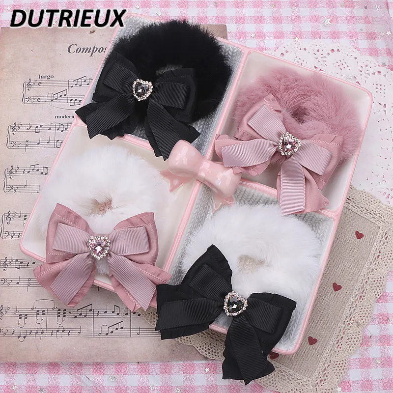 

Handmade Mine Sweet Cute Bow Clip Hair Accessories Kawaii Sweet Heart Shape Rhinestone Furry Hair Ring Soft Girl Women Headdress