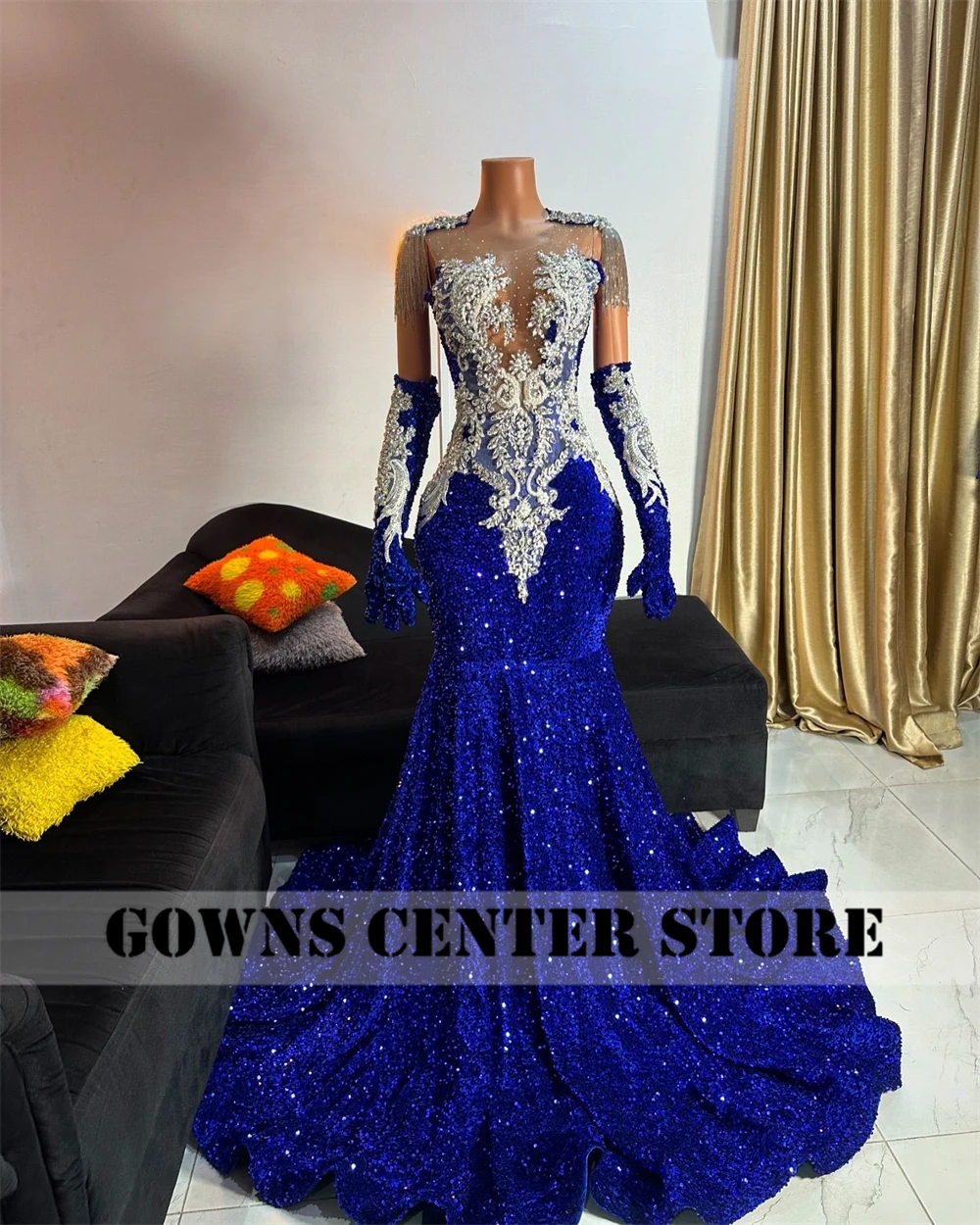 green emerald velvet dress Royal Blue Mermaid Prom Gown Backless Prom Dress Long Evening Dress with Ivory Appliques ARD3105