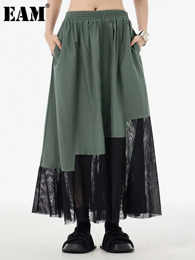 

[EAM] High Elastic Waist Green Lace Color-bock Midi A-line Half-body Skirt Women Fashion Tide New Spring Autumn 2024 1DH5769