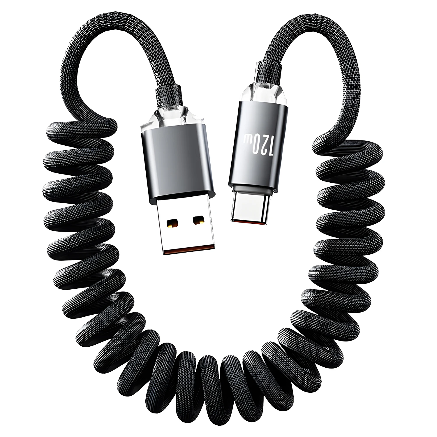 High-Power USB-C Fast Charge Spring Cable with Telescopic Car Charger