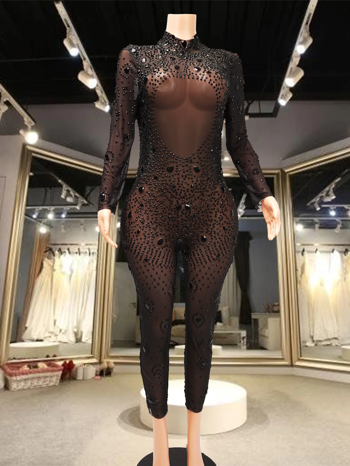 

Black Stones Jumpsuit Sheer Mesh Bodycon Birthday Party Ballroom Evening Festival Clothing Rhinstone Prom Special Ocassion Show