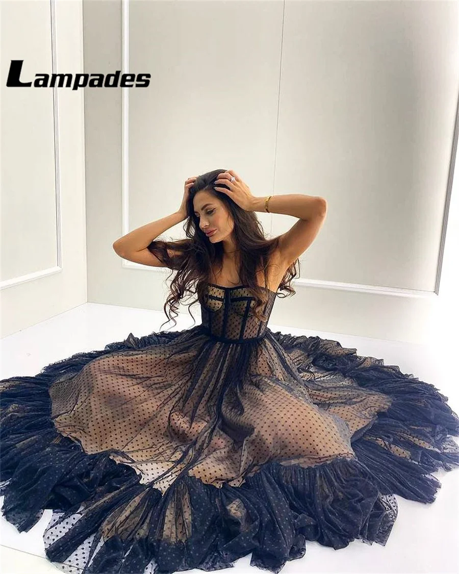 Cocktail Dress Black Dotted Tulle A-Line Spaghetti Straps Ankle Length Formal Party Evening