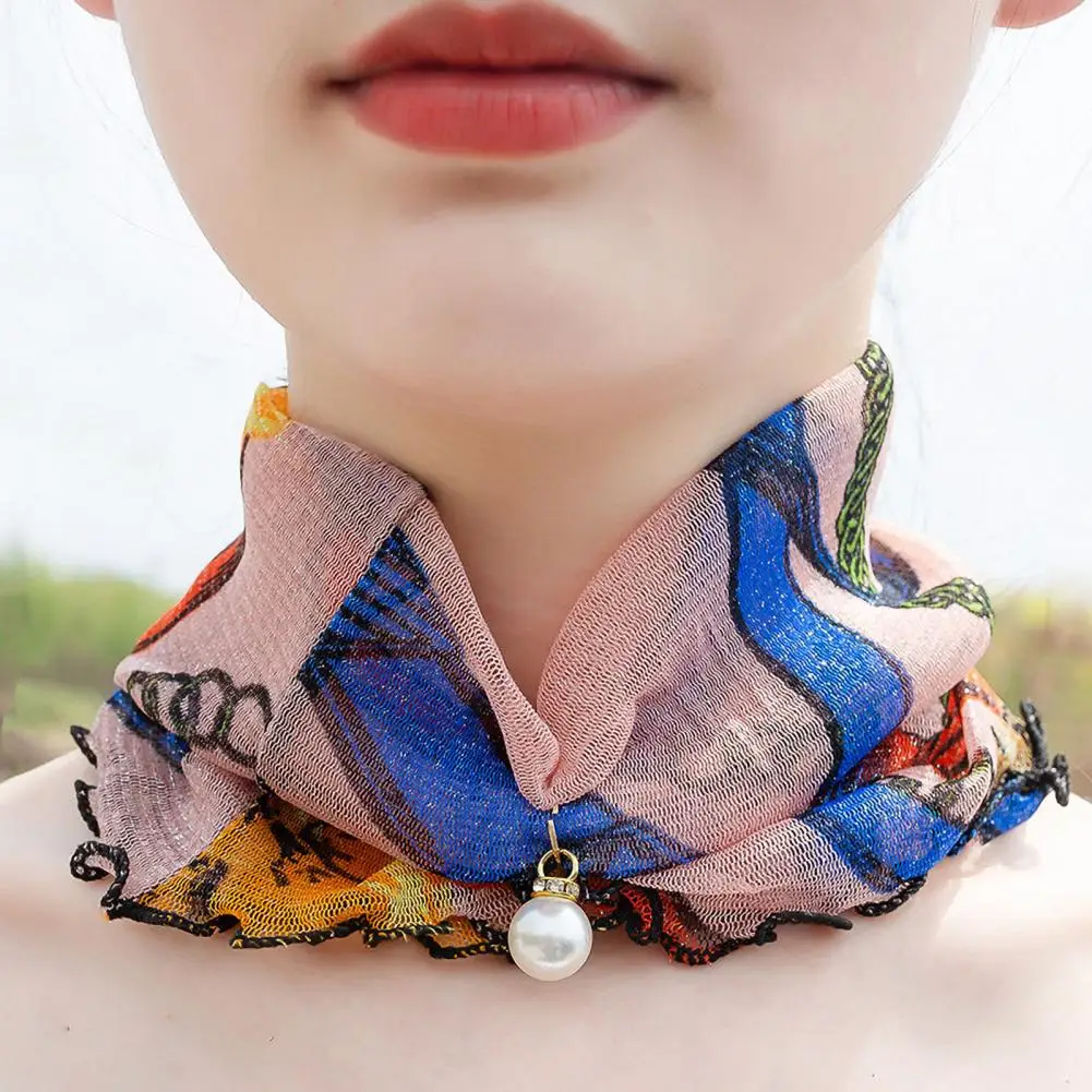 

Women Sunscreen Neck Collar Faux Pearl Decor Organza Chiffon Scarf Printing Sheer Trim Loop Scarf Neck Accessory