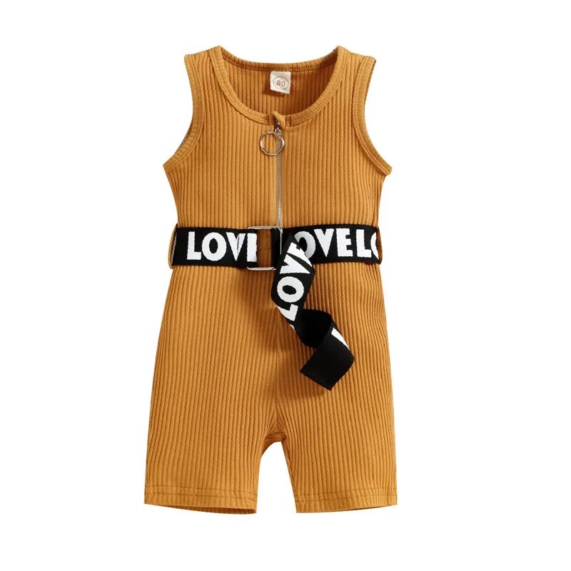 

0-4Y Kids Girls Playsuits+Letter Belt Baby Summer Clothing Sleeveless Zipper Ribbed Romper Jumpsuit Children Shorts Overalls