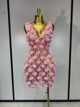 Women Luxury Pink Flowers Pearls Lace See Through Bodycon Mini Dress Birthday Photoshoot Evening Party Nightclub Stage Costume 1