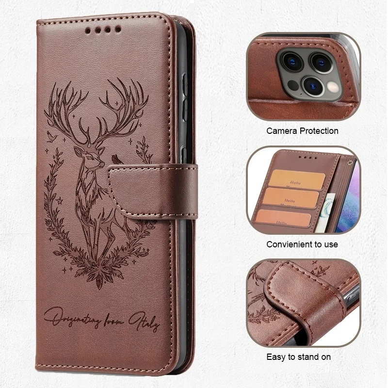 3D Lucky Deer Leather Wallet Phone Case Cover