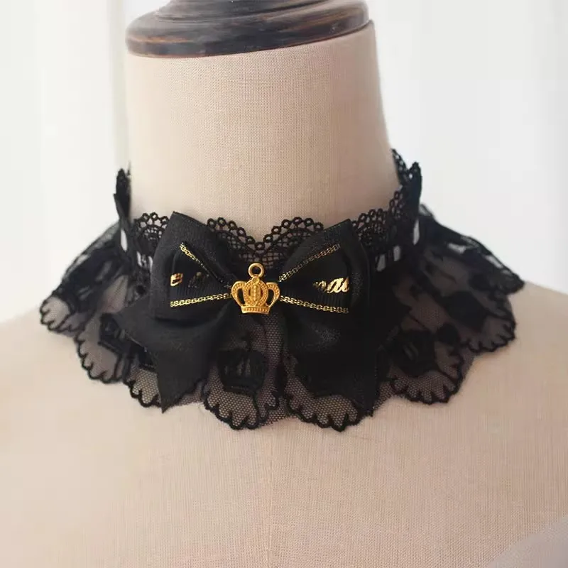 Black Golden Palace Retro Lolita Necklace Tea Party Gorgeous Lace Heavy Duty Neck Chain Dream Bow