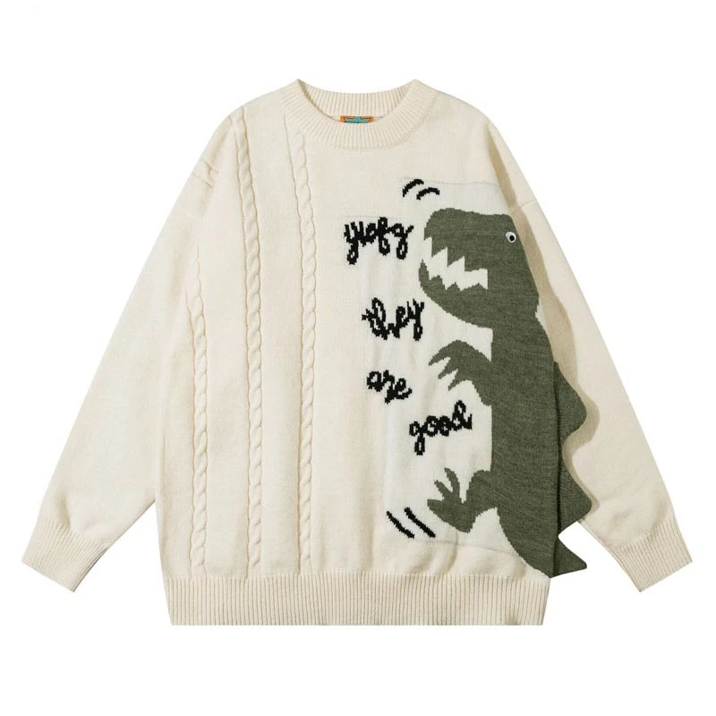 

Japanese Knit Pullover Sweater Men Cartoon Dinosaur Print Loose Sweaters Casual Korean Style Round Neck Jumpers Couple Tops Fall