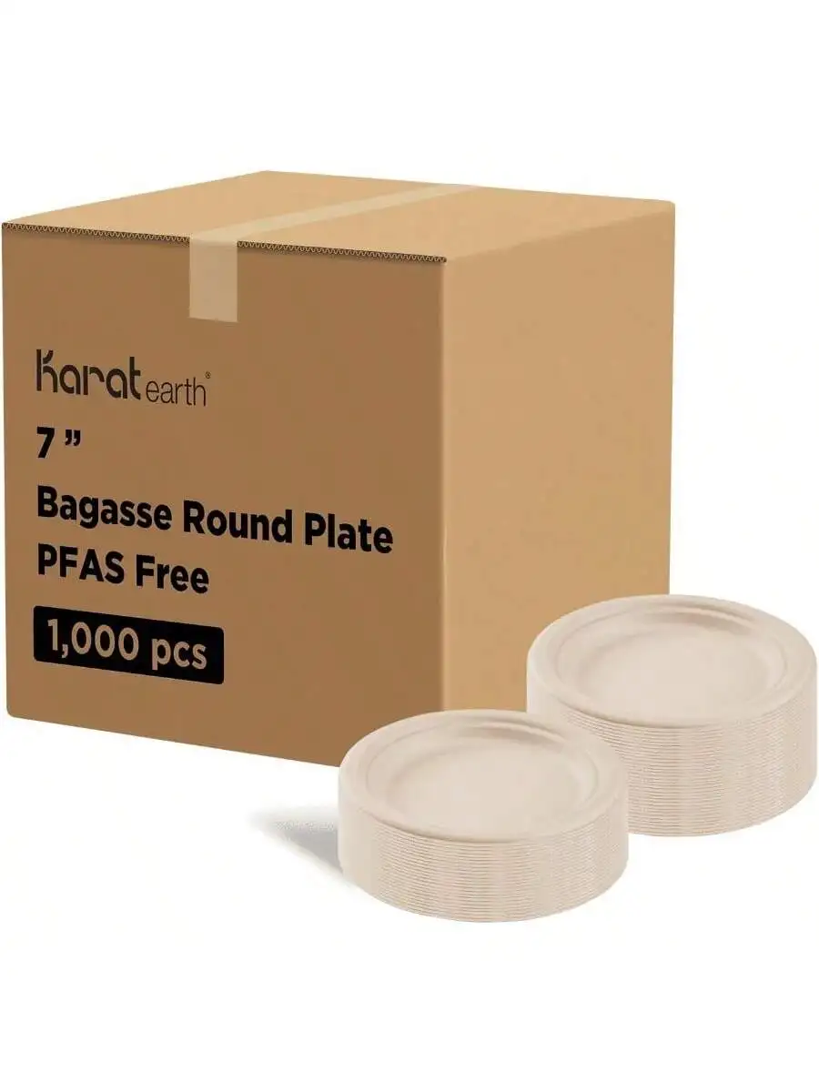 KARAT EARTH 7'' PFAS Free Compostable Bagasse Round Plates Natural Case of 1 000