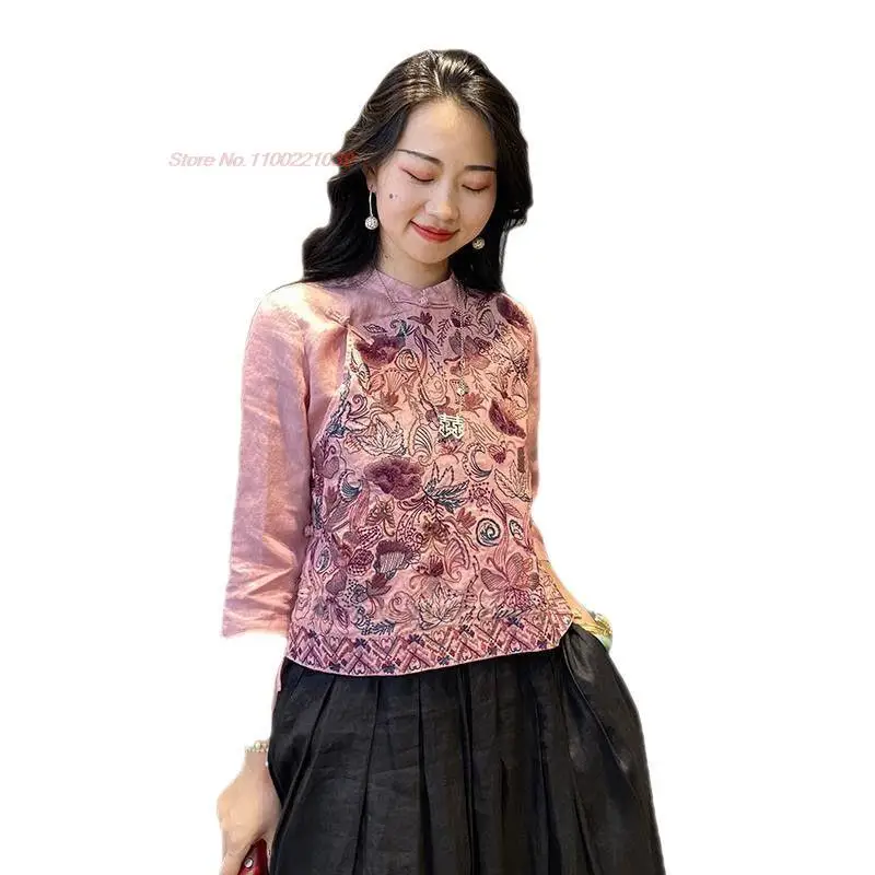 traditional chinese vintage blouse hanfu tops national flower embroidery improved qipao tops cotton linen cheongsam shirt