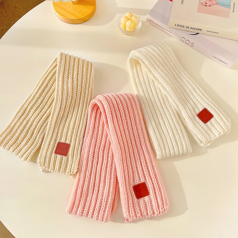 New Winter Children Colors Soft Knitting Wool Thermal Scarf Boys Girls Lovely Outdoor Warmer Scarf Kids Solid Labelled