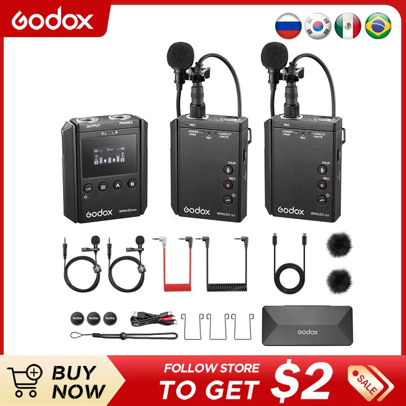 

Godox WMicS2 Mic Kit UHF Wireless Microphone System Professional Lavalier Mic for Vlog Video DSLR Smartphone Interview Recording