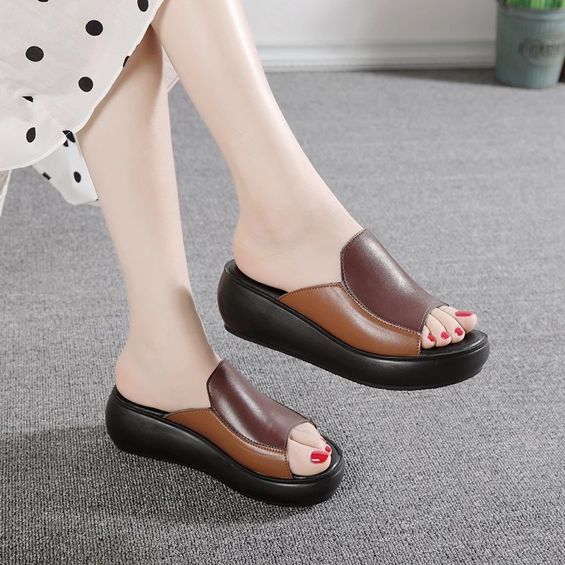 Slippers Woman Summer New 2024 Wedges Shoes For Womens Platform Middle Heel  Mother Leather Slippers Fashion External  Wear