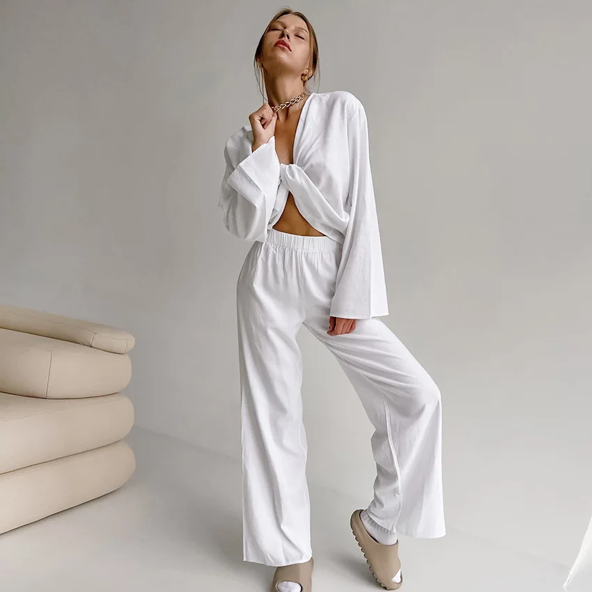 

Women's Autumn Pajama Set Solid Long Sleeve Sexy Ladies Sleepwear 2 Pcs with Pant Cotton Linen Pijama Suit for Female 2023