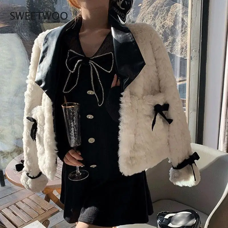 Winter Warm Faux Fur Coat Women Patchwork Elegant Thick Fleece Overcoat Female Korean Fashion Bow Designer Wool Short Coat 2022