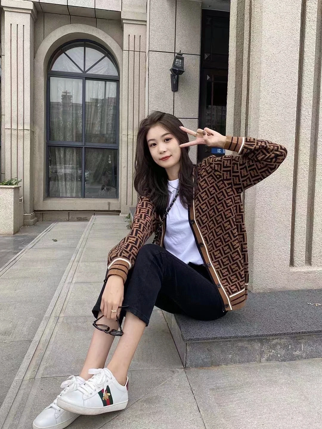 여성용 니트 캐주얼 스웨터, 자카드 레터 니트 카디건, 단추 V넥 상의, 가을 패션, 2024 신상
