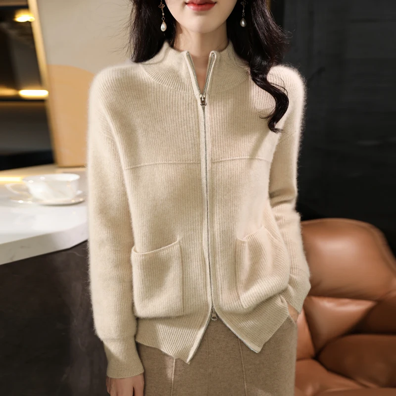 New 100% Merino wool autumn/winter women's sweater half turtleneck zip-up cardigan fashion pocket warm bottom knit coat top - Image 4