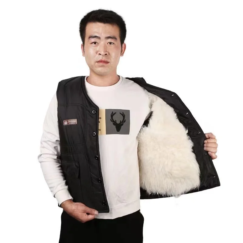 Cold Autumn Winter Middle-aged Elderly Wool Vest Thicken Warm Genuine Fur Overcoat Fashion Comfortable Dad Father Cotton Outfit 3