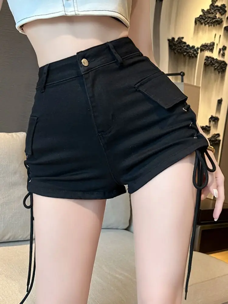 High Waisted Design and Denim Shorts for Women's 2024 New Summer Spicy Girl Oversized Slimming Drawstring Versatile Hot Pants