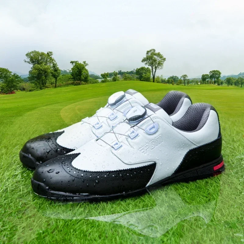 PGM Men Golf Shoes with Removable Spikes Skid-proof Men's Waterproof Sneakers Knob Strap Sports Shoes Top Layer Cowhide XZ240