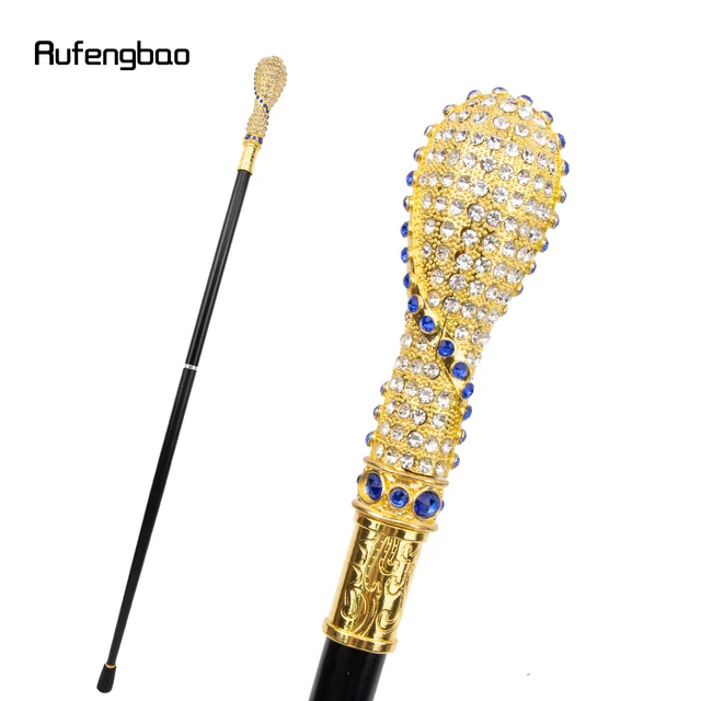 Golden Blue Artificial Diamond Walking Stick Decorative Cospaly Vintage Party Fashionable Walking Cane Halloween Crosier 93cm