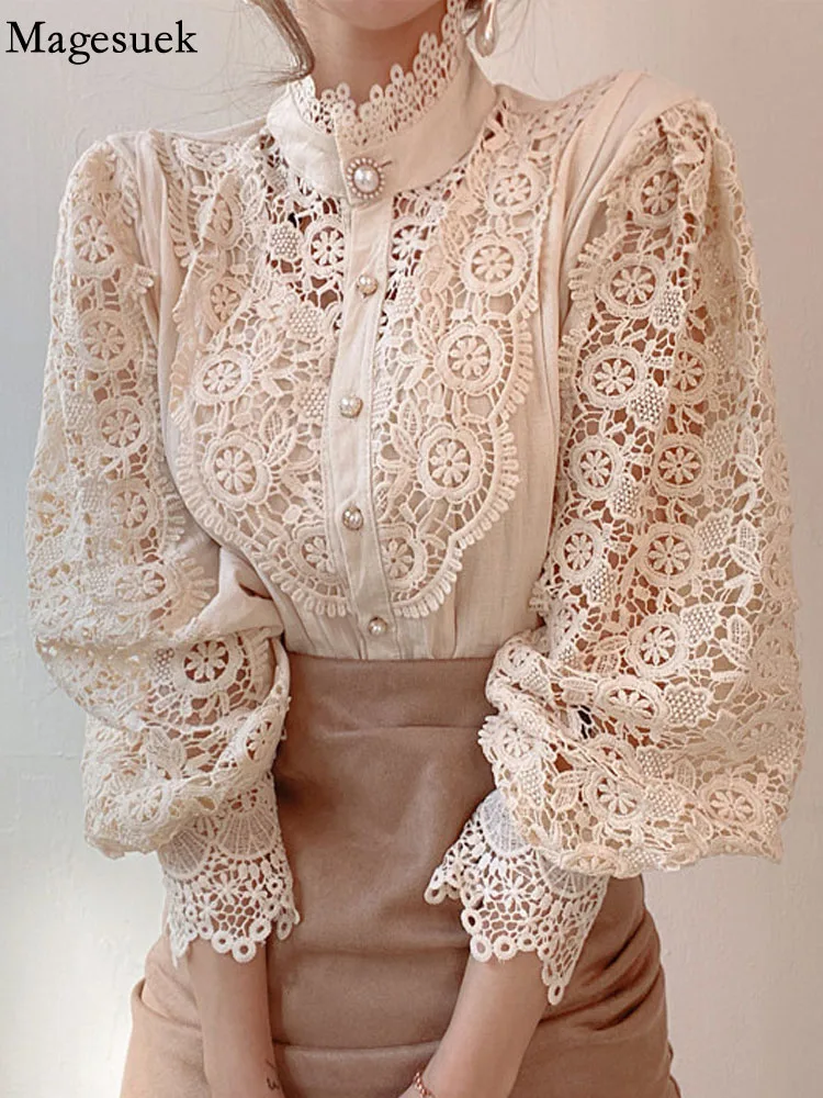 

2022 Sweet Hollow Out Lace Patchwork Women Blouse Button White Top Petal Sleeve Flower Stand Collar cotton Shirt Blusas 12419