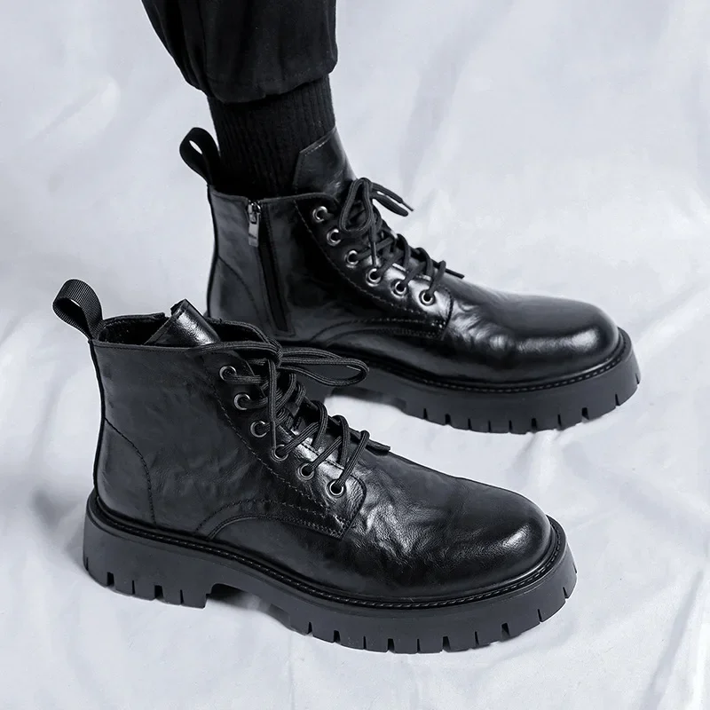 

New Black Motorcycle Boots Brown Platform Round Toe Solid Lace-up Size 38-44 Free Shipping Mens Boots
