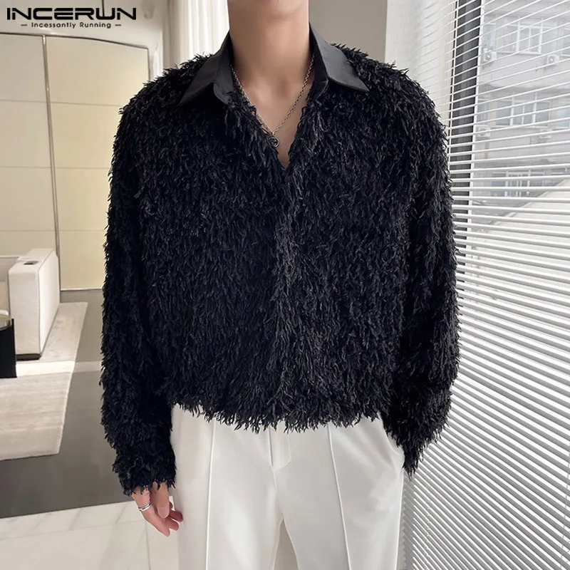 

Casual Simple Style Tops INCERUN Men's Plush Fabric Tassel Design Shirts Stylish Streetwear Patchwork Long Sleeved Blouse S-5XL