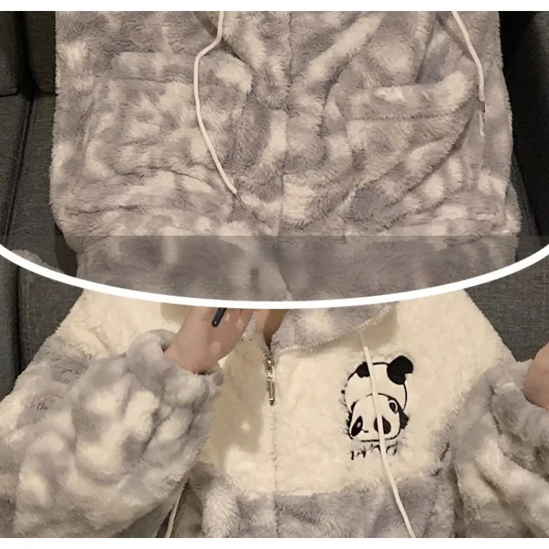 2024 New Korean Version Loungewear Coral Velvet Pajamas Autumn Winter Thick Velvet Sleepwear Zipper Flannel Students Homewear