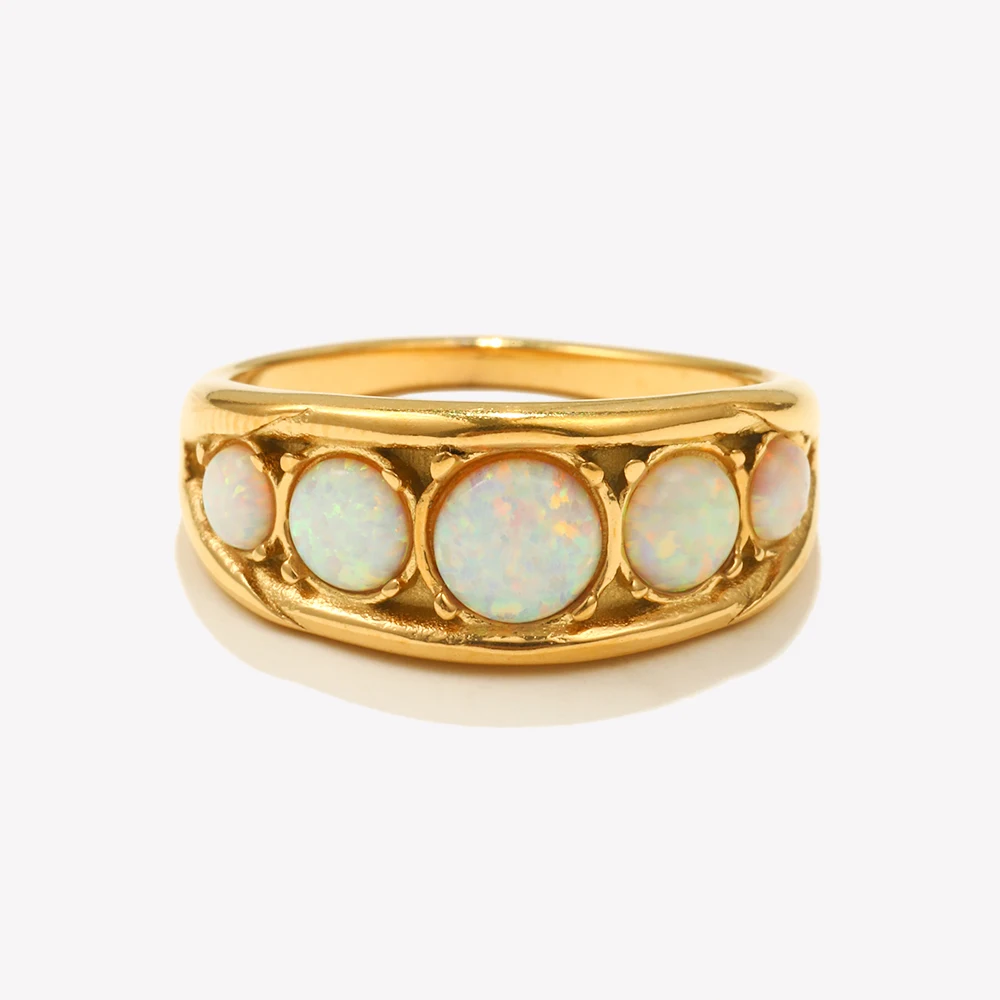 New Design Luxury Round Opal Stone Ring Stainless Steel PVD Plating Women Jewelry Accessories
