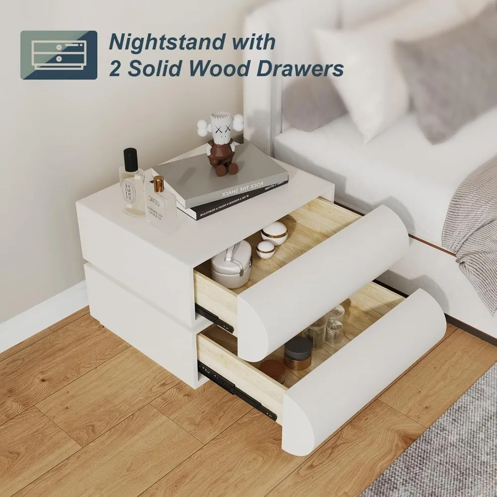 Nightstand, Minimalist Bedside Table with 2 Solid Wood Drawer, Night Stands with Microfiber Leather, End Table for Bedroom-Whit 4