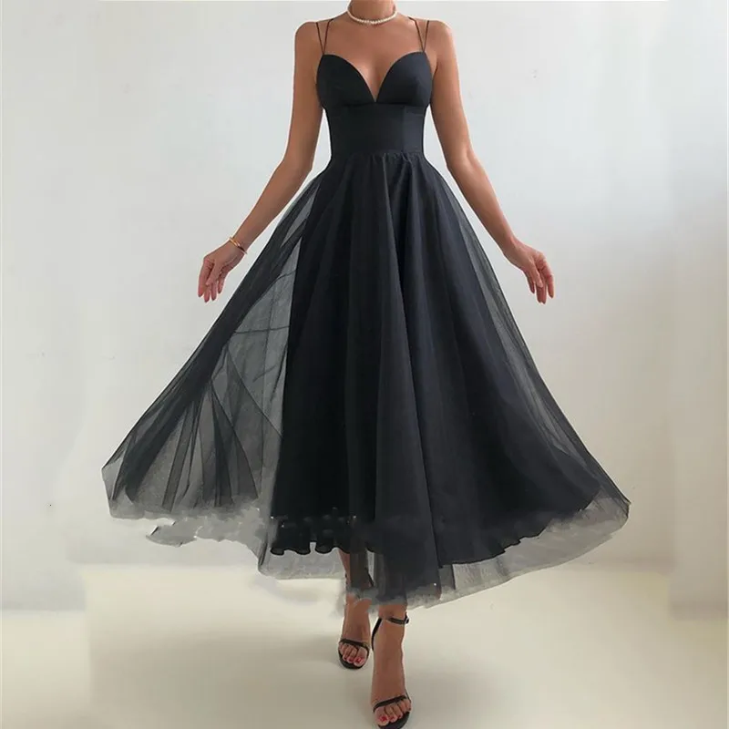 

Sexy Spaghetti Straps Formal Party Dresses 2023 Backless Short Evening Gowns Tea Length Organza A-Line Black for Women Elegant