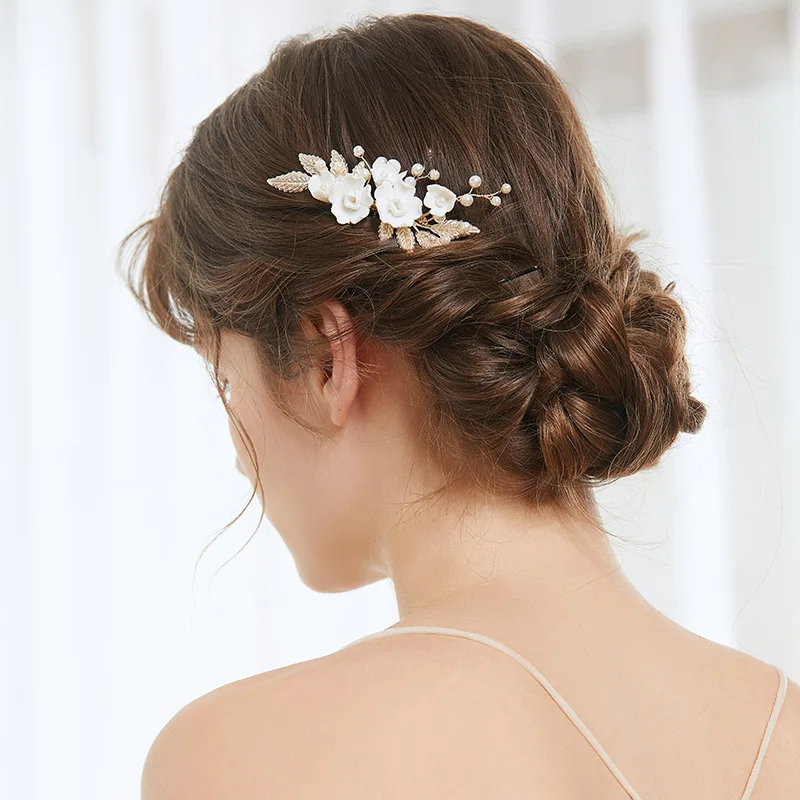Floralbride Handmade Alloy Leaf Crystal Rhinestone Ceramic Flower Pearls Bridal Hair Comb Wedding Hair Accessories Women Jewelry