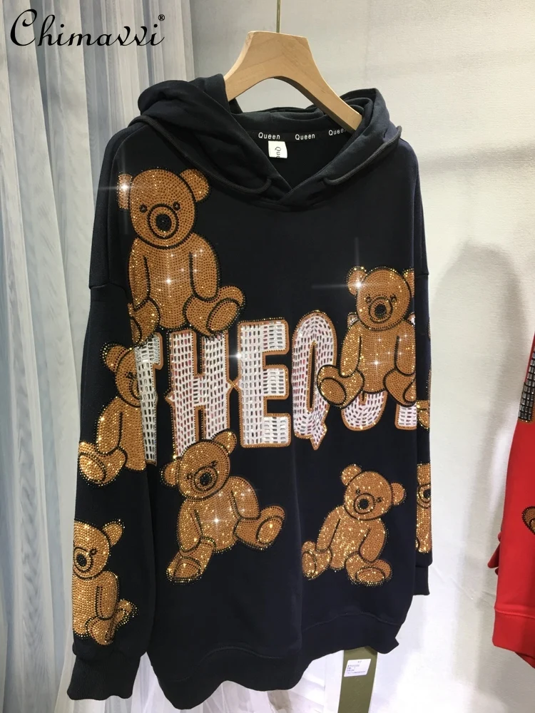 

European Heavy Hot Drilling Sweatshirt Women's Luxury Hooded Bear Loose Mid-Length Slim Large Size Hoodies Autumn Pullover Top