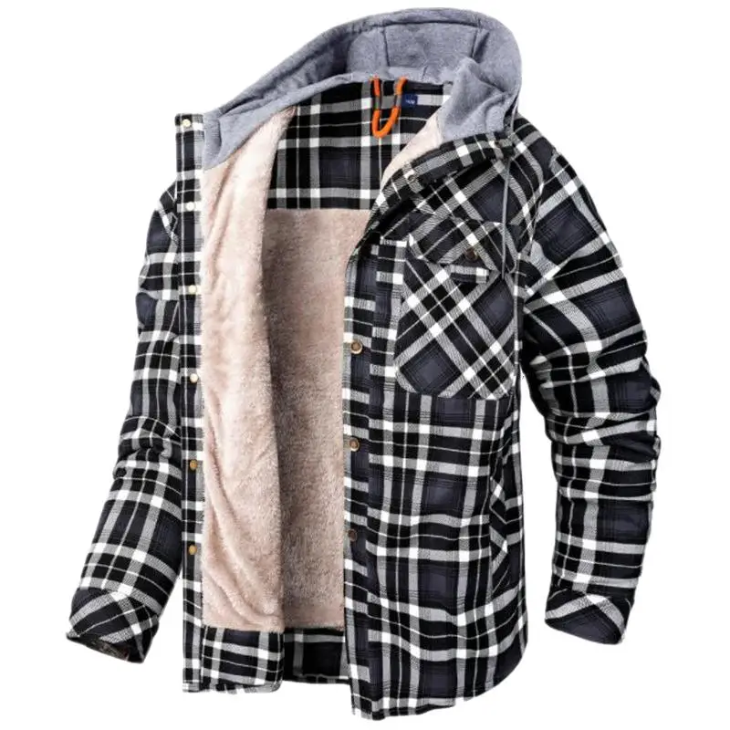 New Men Winter Warm Plaid Shirt Cotton Hooded Jacket Plus Velvet Fleece Thickening Size Casual Loose Plush Liner Streetwear Coat