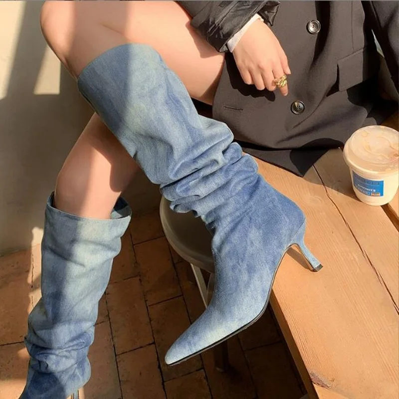 

Pleated Blue Denim Knee High Boots Pointed Toe Brown Leather Patchwork Low Heels Fashion Long Boots Size 42