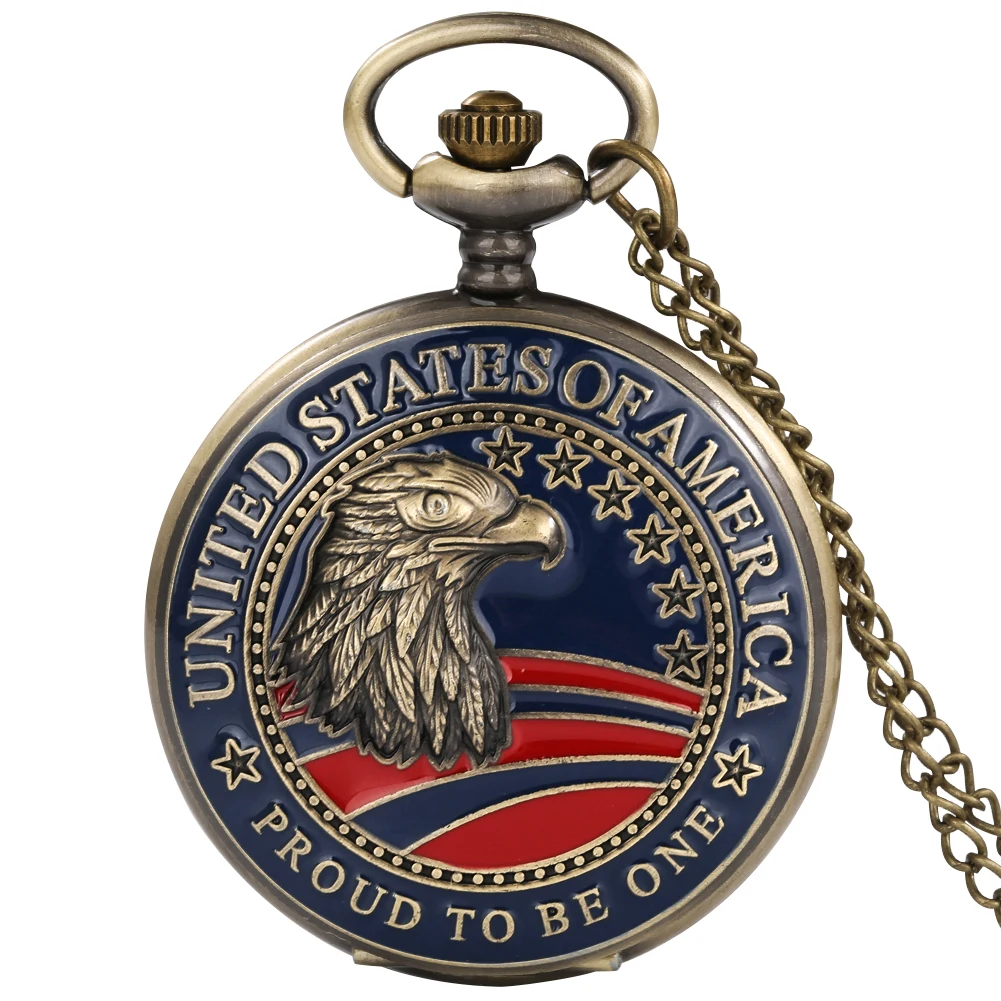 

Proud of to be One United States of America Eagle Pattern Necklace Chain Quartz Pocket Watch Pendant Jewelry Gifts for American